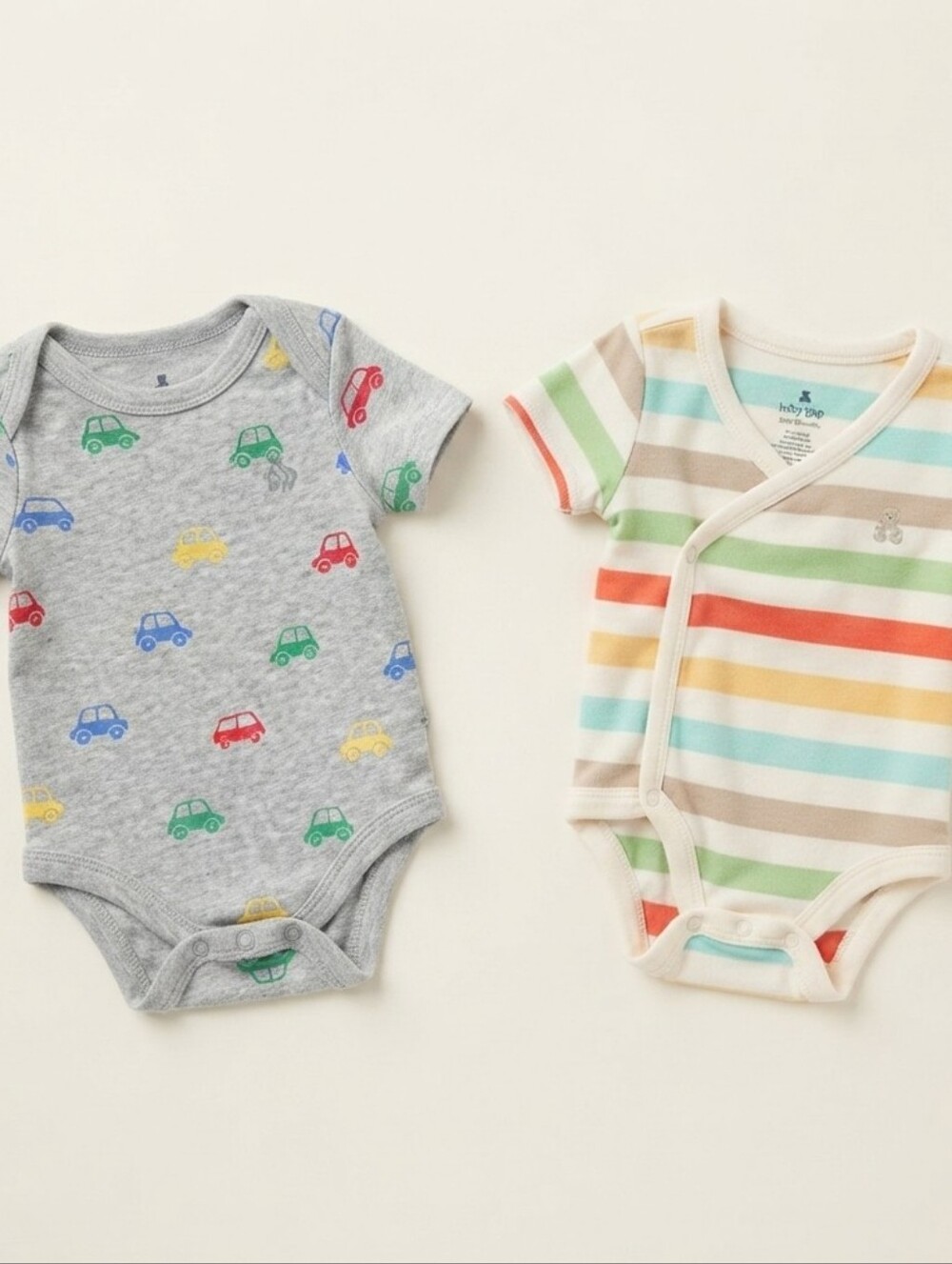 GAP 3-6M Kids Bodysuits - Gray with Cars and Multicolor Stripes